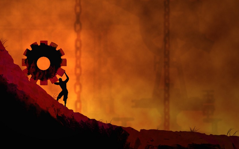 the silhouette of a man rolling a large gear uphill, in a manner similar to Sisyphus